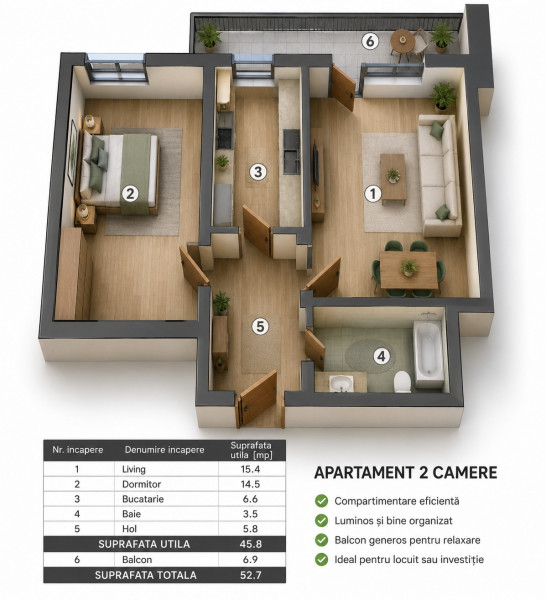 NOVUM GROZAVESTI | 2 camere | 52,7 mp total | etaj 9 | balcon generos